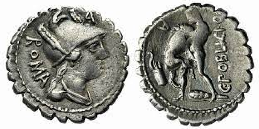 C Poblicius Q.f. Ar Serrated Denarius