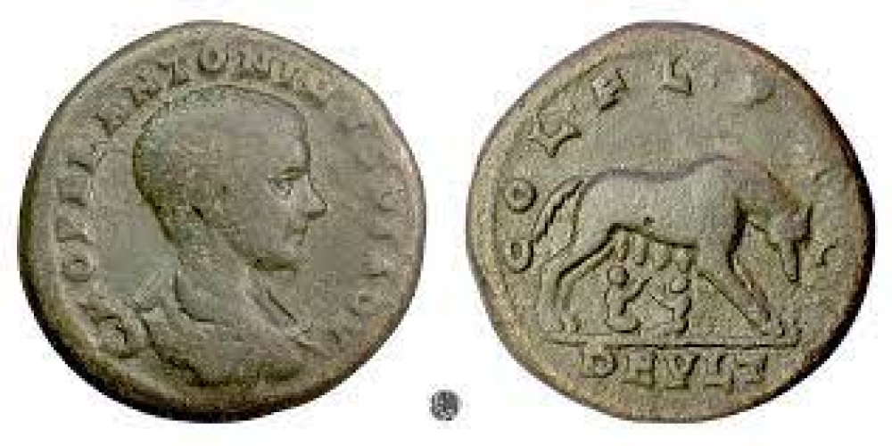 Diadumenian, THRACE, Deultum. AE 24, 217-218 AD. She-wolf suckling Romulus and Remus