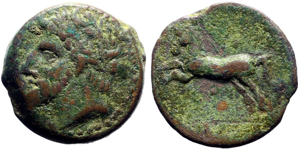 Numidia, bearded head / Horse rearing left