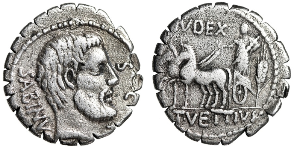 T Vettius Sabinus AR Serrate Denarius Sabine King & Biga 66 BC